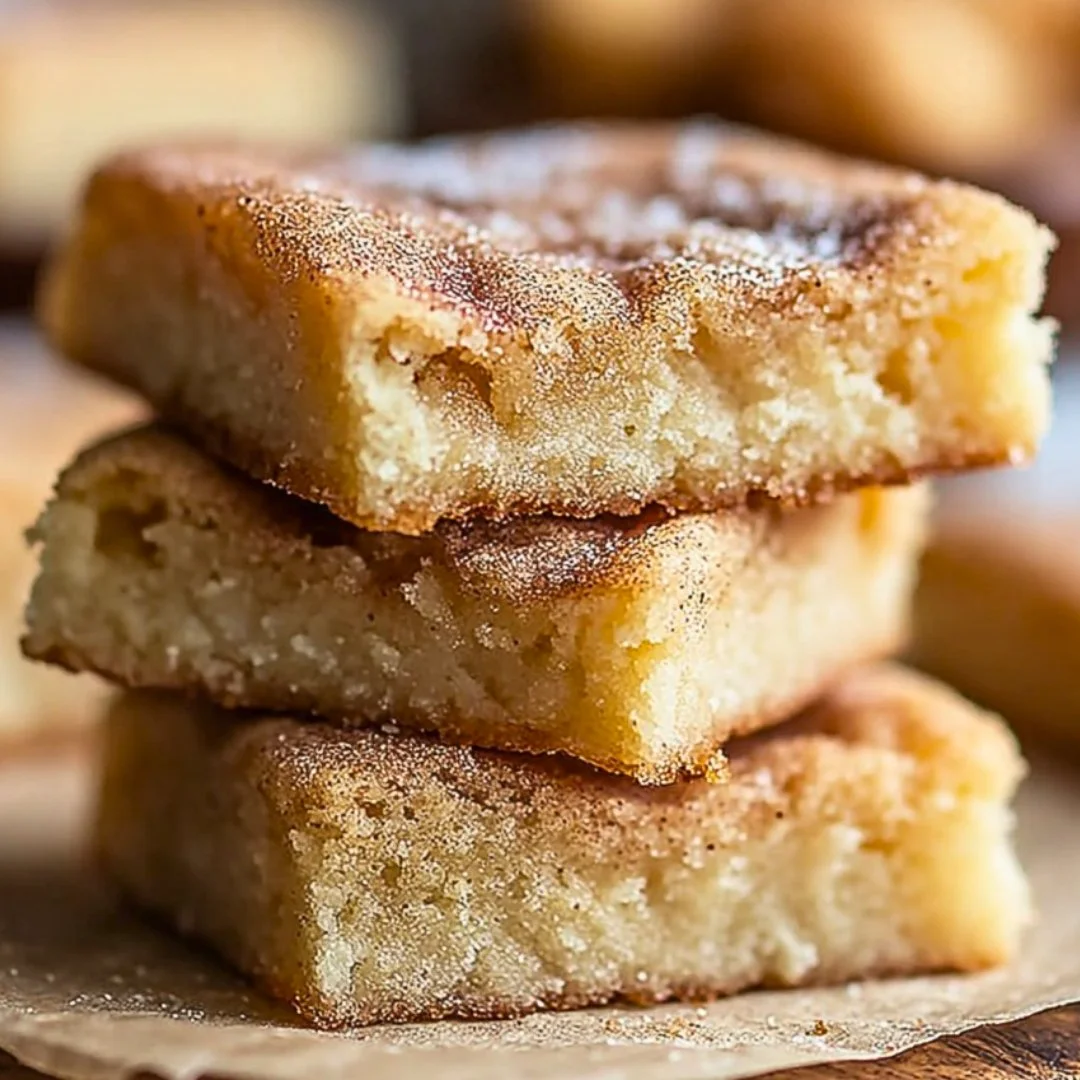Freshly baked cinnamon sugar blondies with a sprinkle of cinnamon on top.