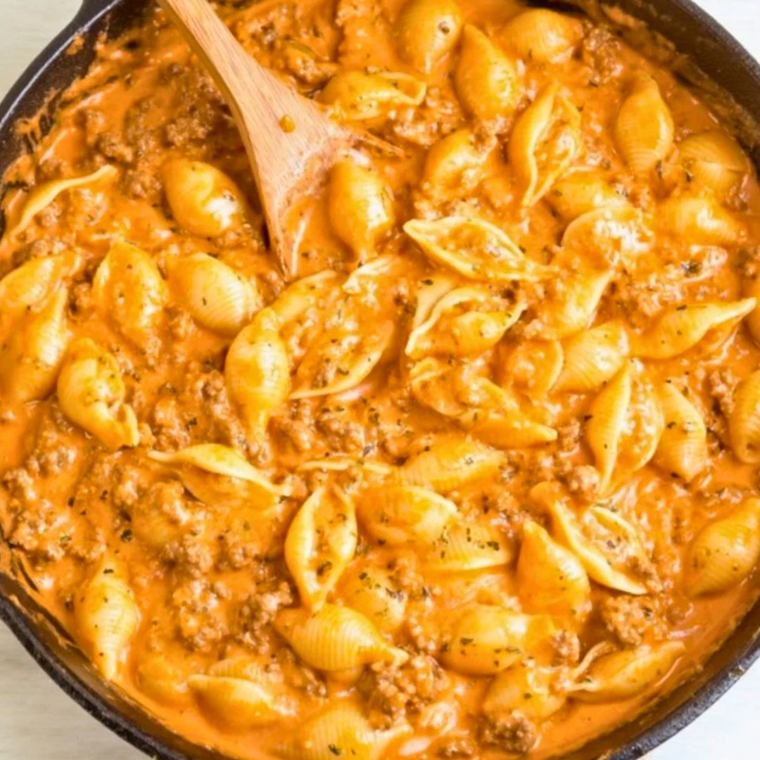 Creamy beef and shells pasta cooked to perfection with a rich sauce
