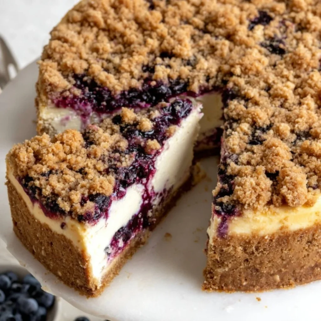 Delicious creamy blueberry cheesecake topped with fresh blueberries.