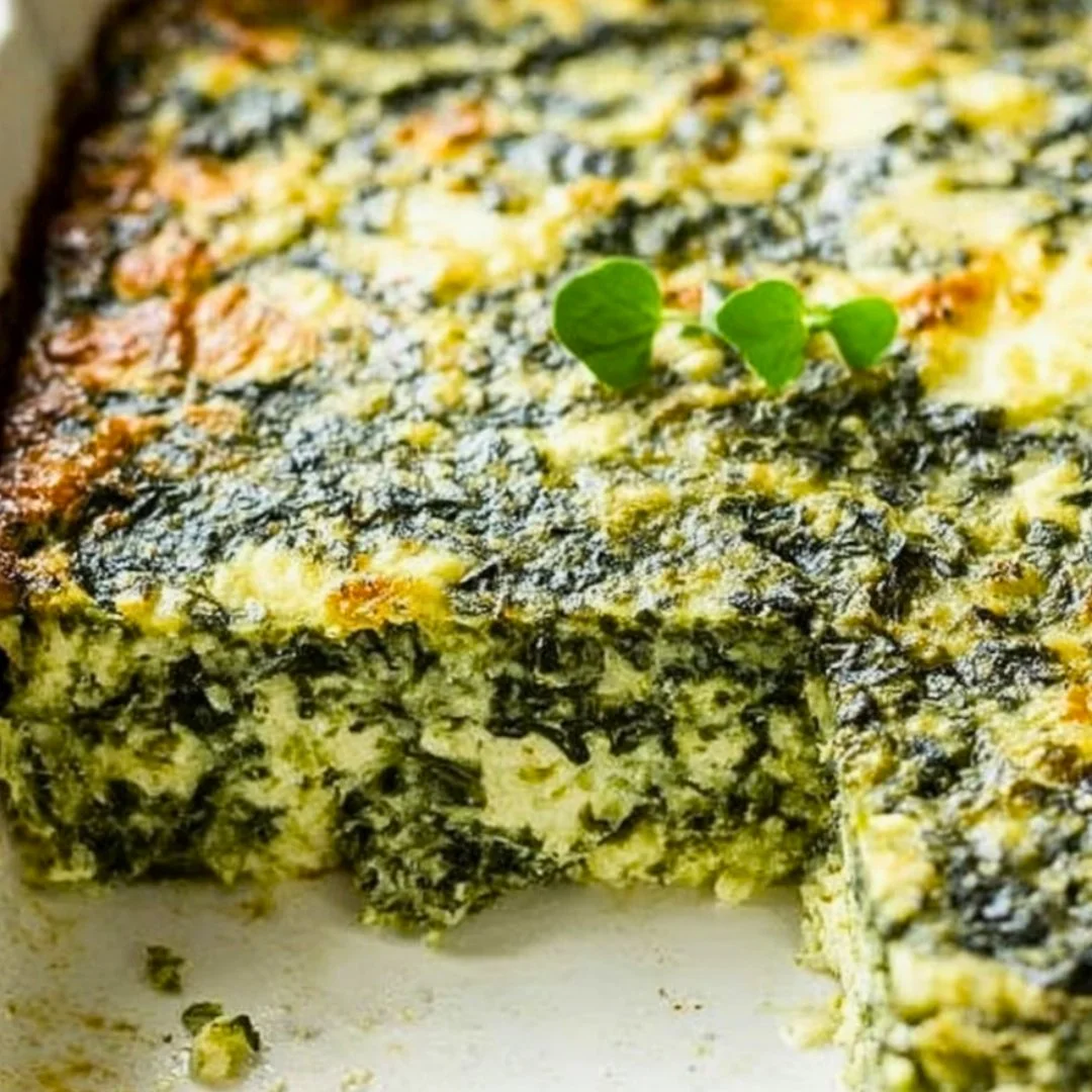 Creamy cheesy spinach casserole topped with feta cheese