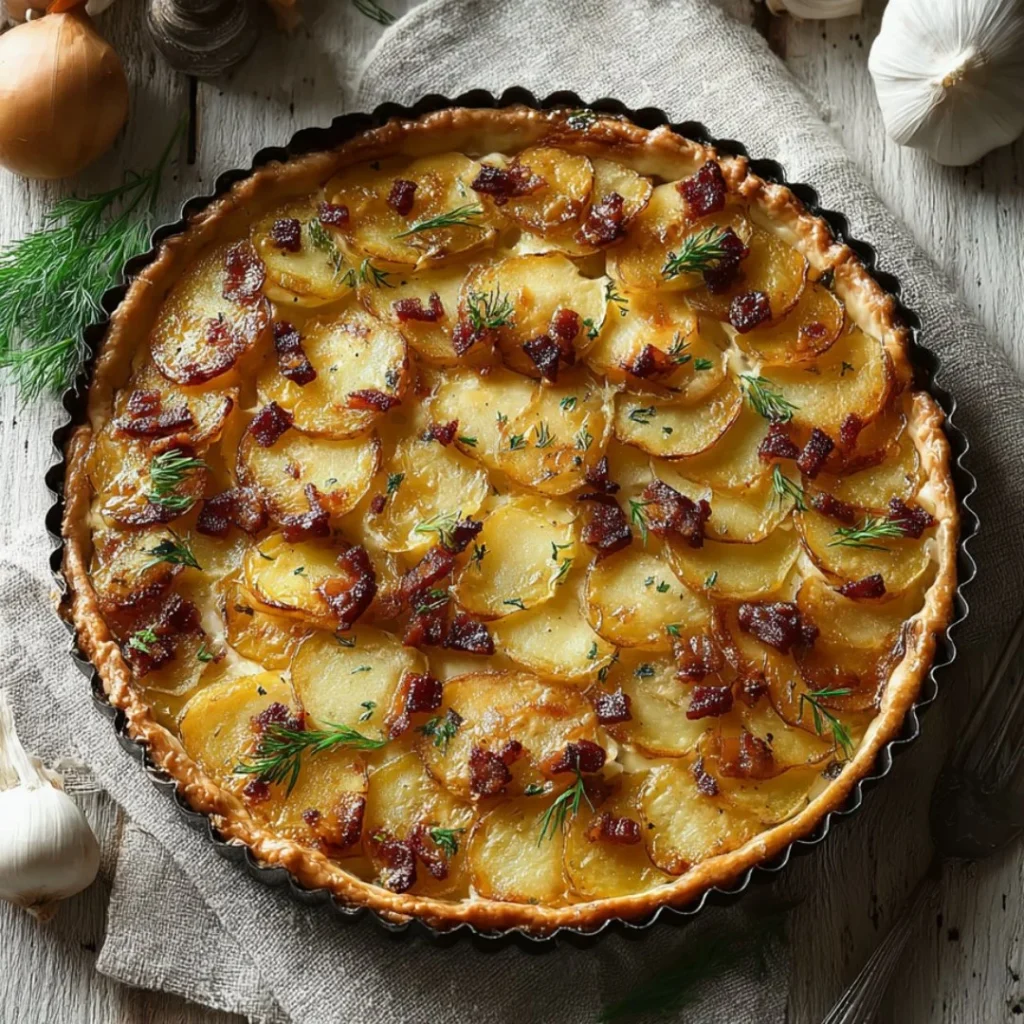 Creamy Irish Potato Pie topped with crispy bacon, a delicious comfort food dish