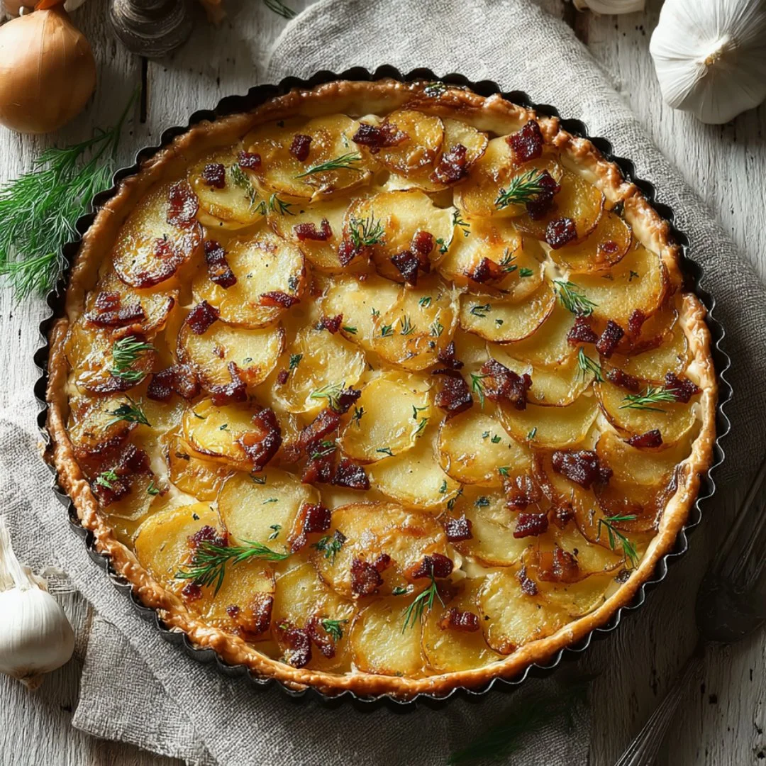 Creamy Irish Potato Pie topped with crispy bacon, a delicious comfort food dish