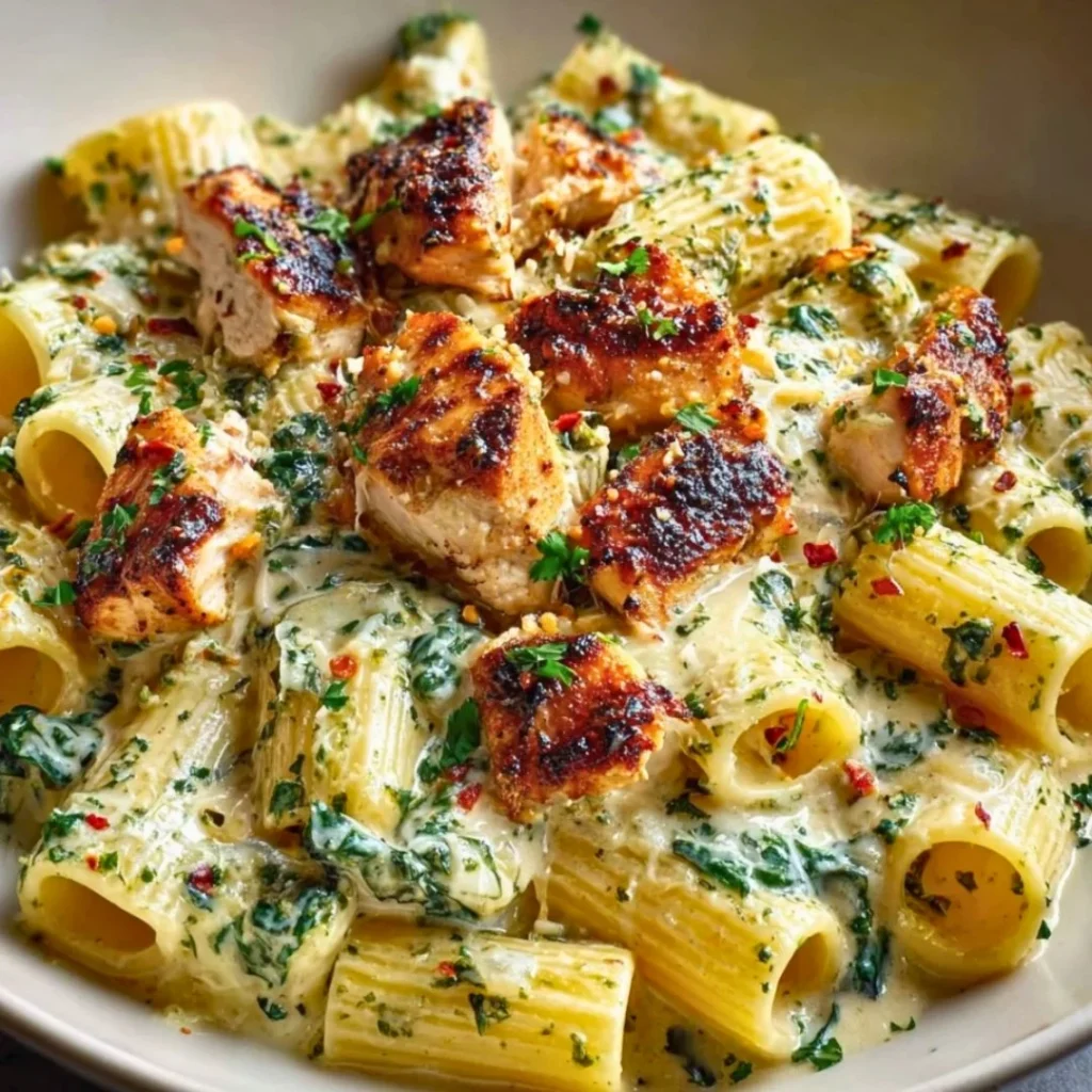 Creamy pesto chicken pasta dish garnished with fresh basil and cherry tomatoes