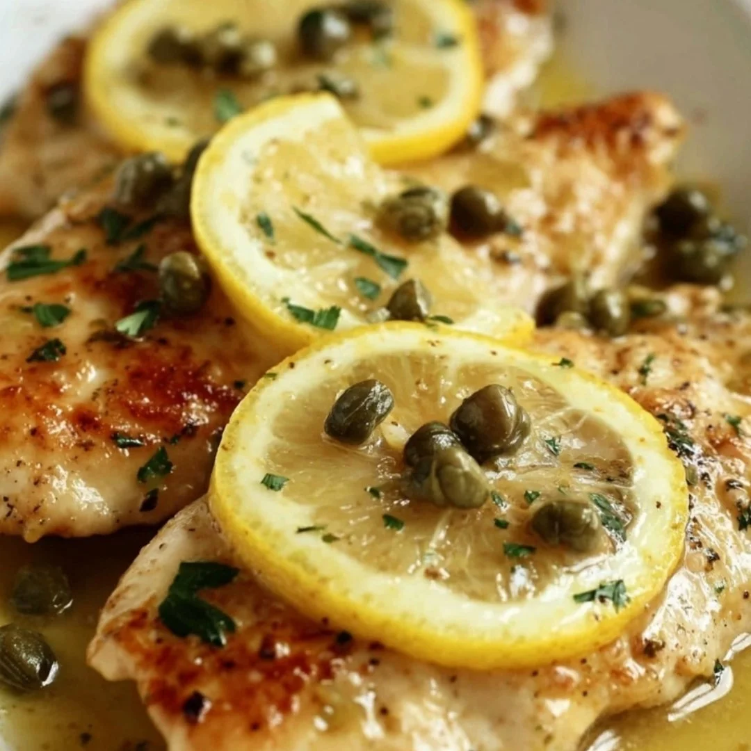 Delicious Crock Pot Lemony Chicken Piccata served with fresh lemon slices