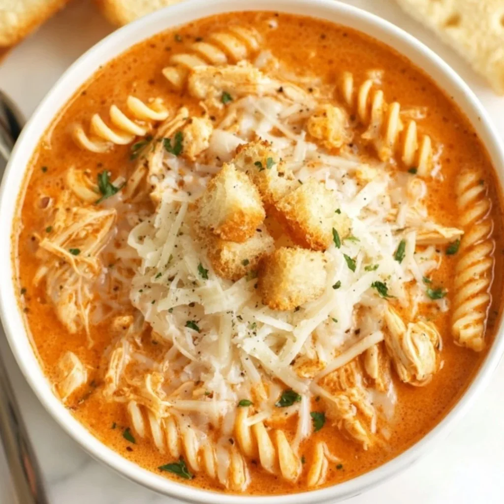 Delicious Crockpot Chicken Parmesan Soup served in a bowl.