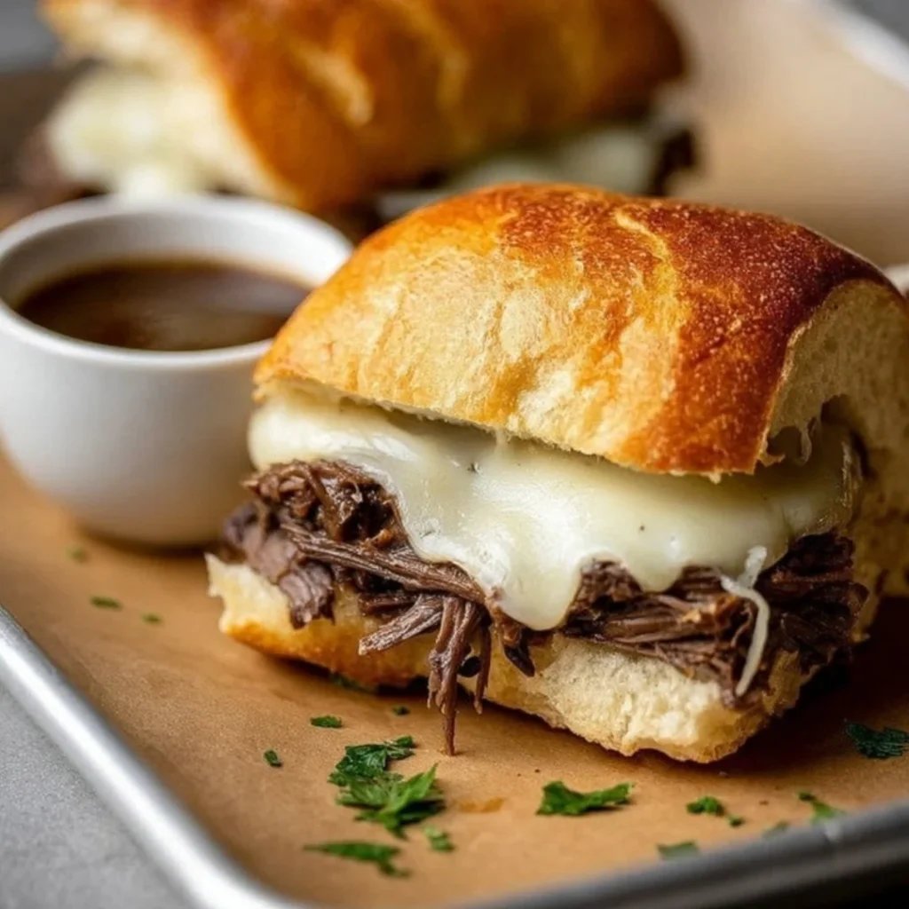 Crockpot French Dip Sandwiches with juicy beef and melted cheese