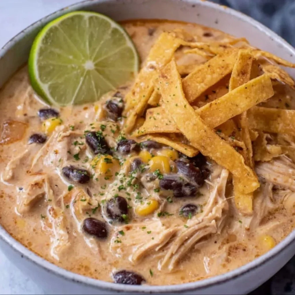 Crockpot White Chicken Chili with Cream Cheese in a bowl garnished with cilantro