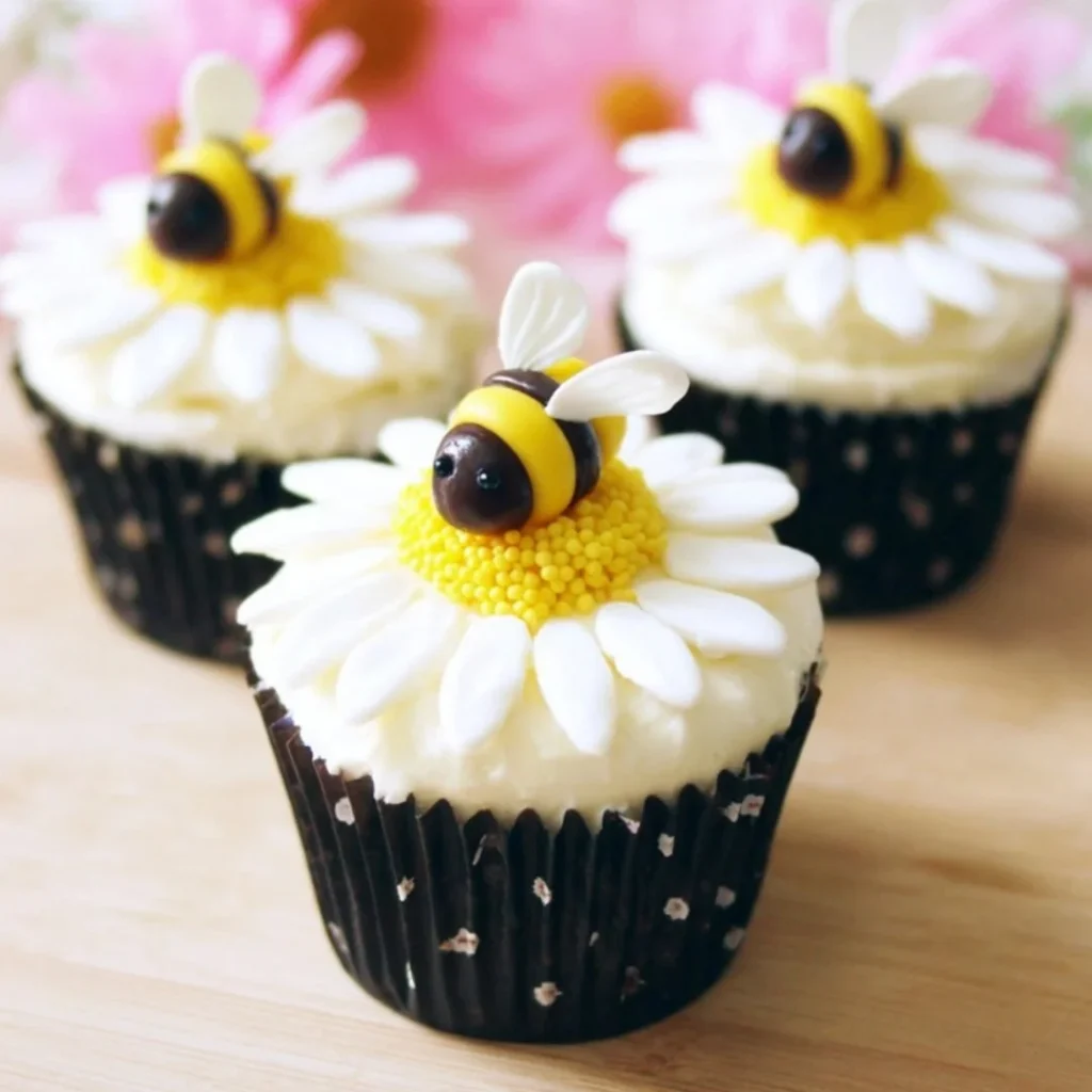 Delicious DIY Bumblebee Cupcakes decorated with colorful flowers