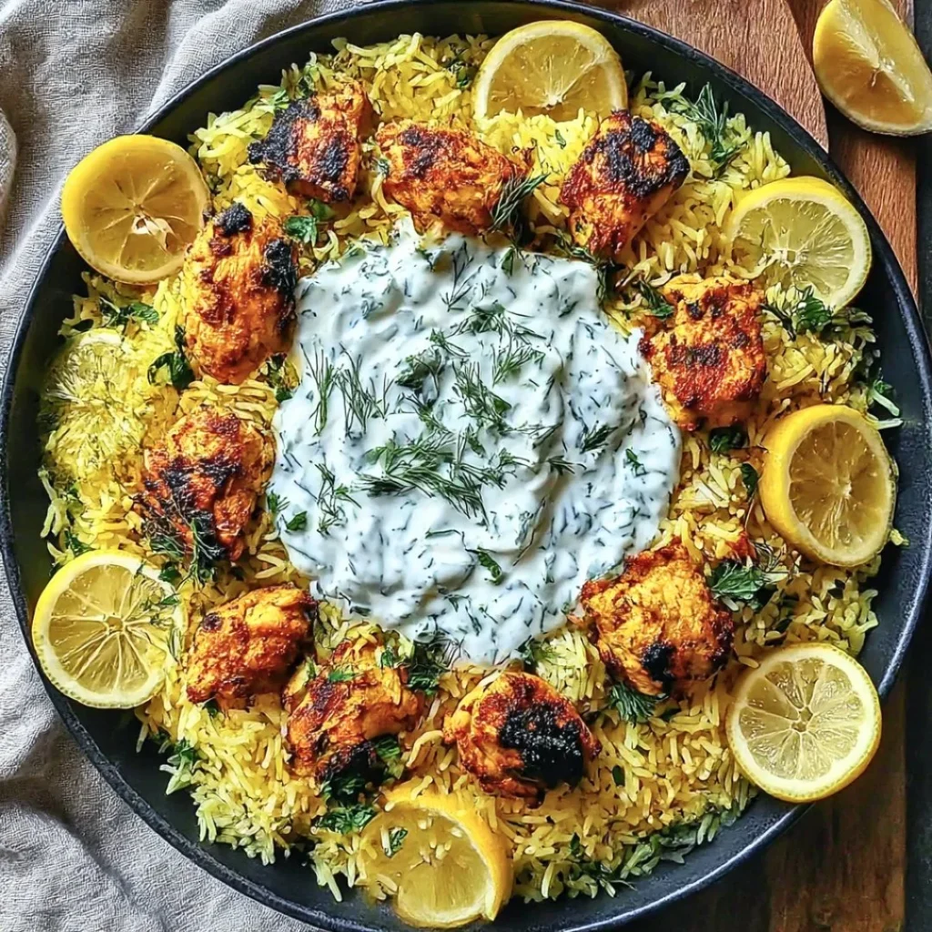 Dump and bake chicken tzatziki rice dish with herbs and spices