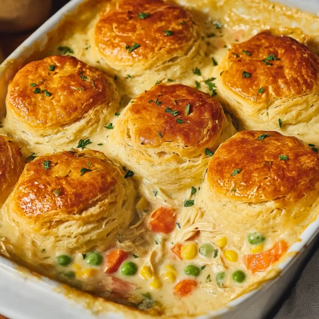 Easy homemade chicken pot pie casserole with golden crust and creamy filling