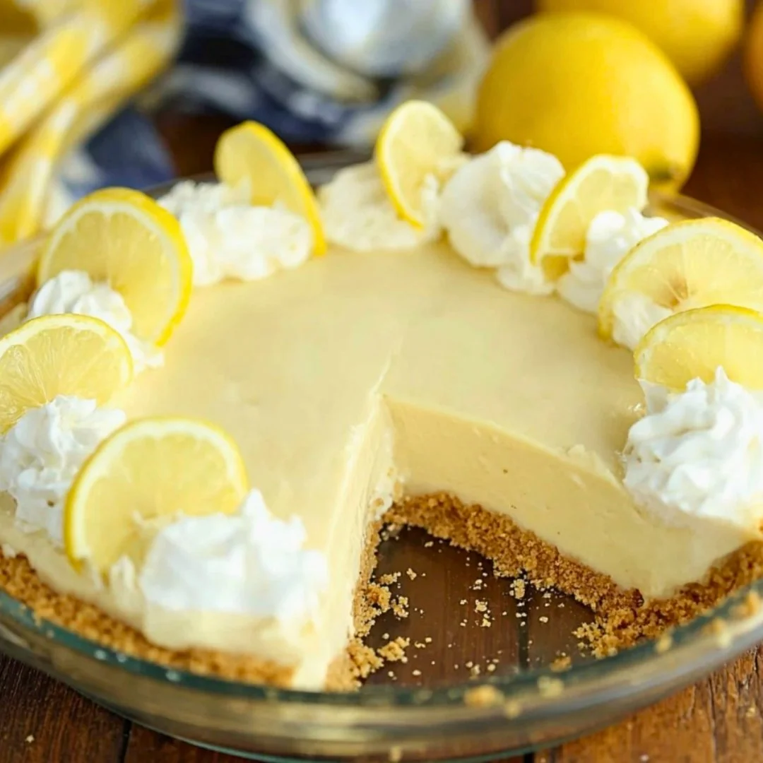 Slice of easy lemon cream pie with a creamy filling and lemon zest garnish.