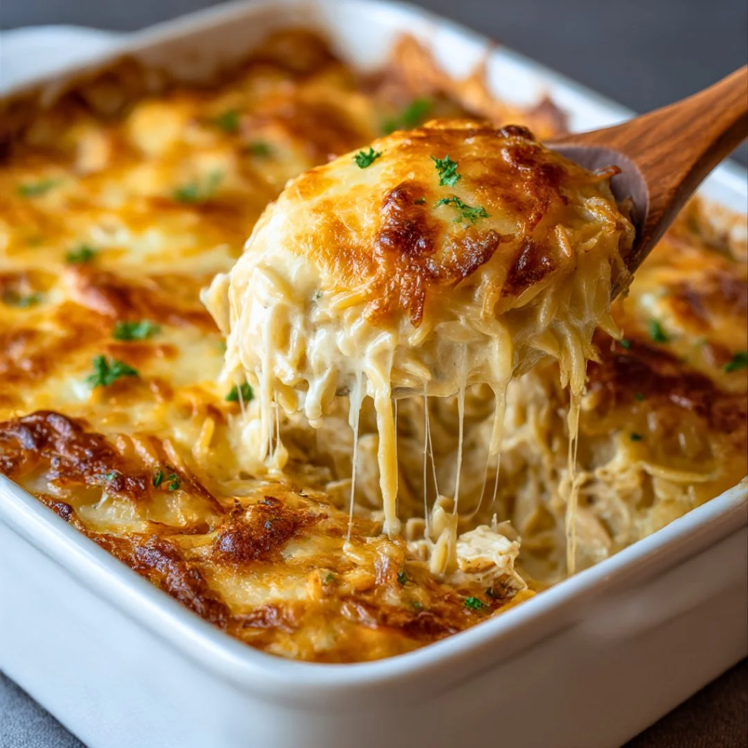French onion chicken orzo casserole topped with melted cheese and herbs.