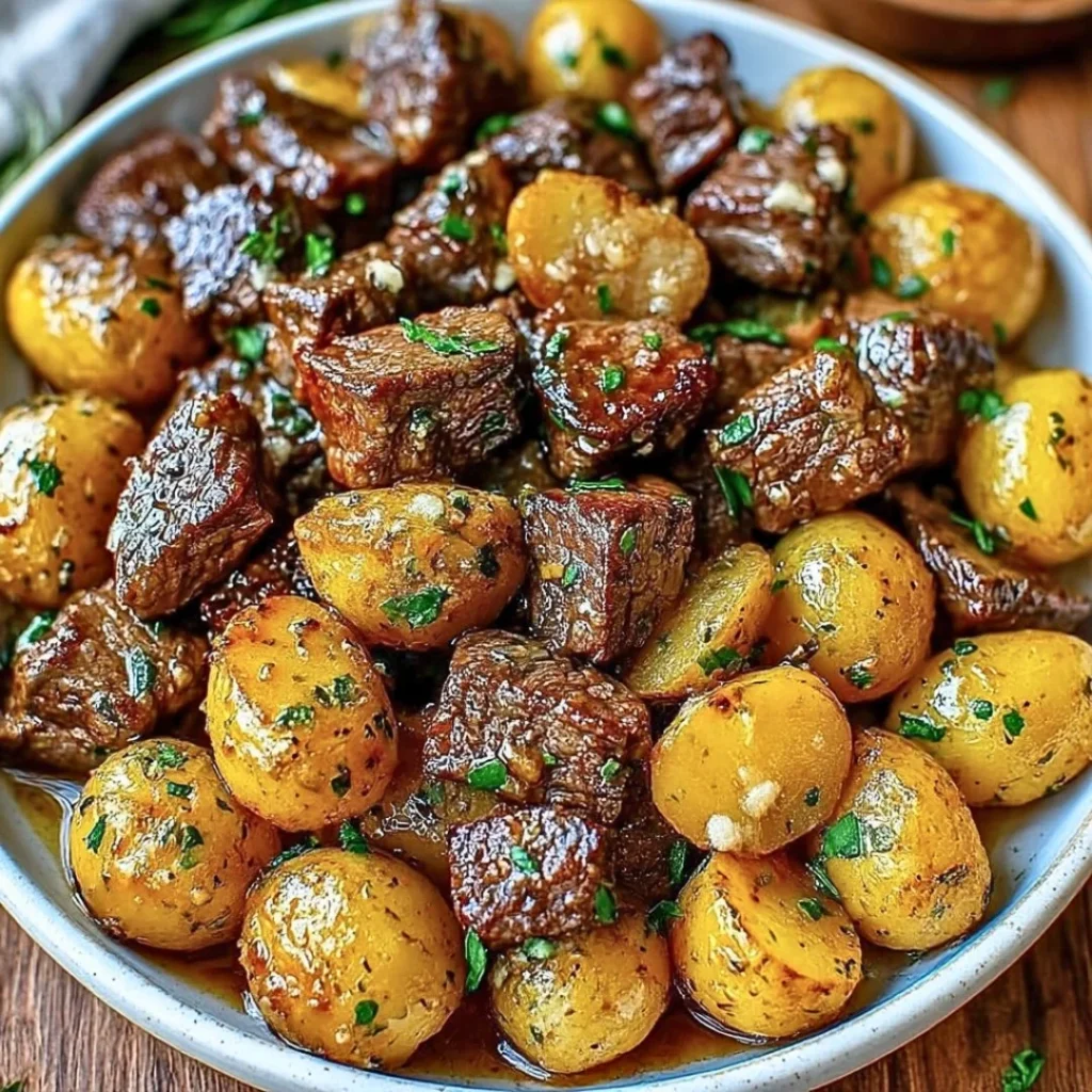 Delicious Garlic Butter Beef Bites served with tender potatoes