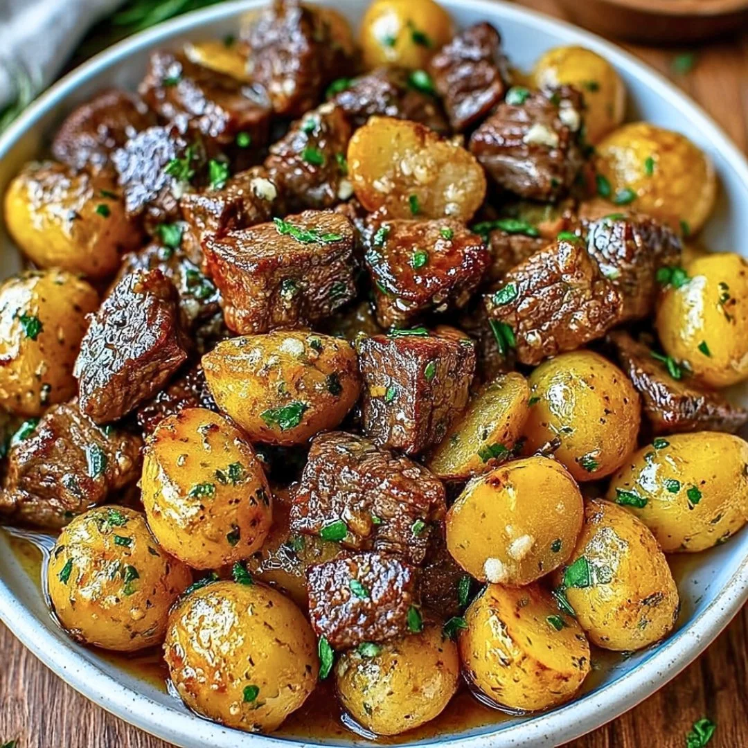 Delicious Garlic Butter Beef Bites served with tender potatoes