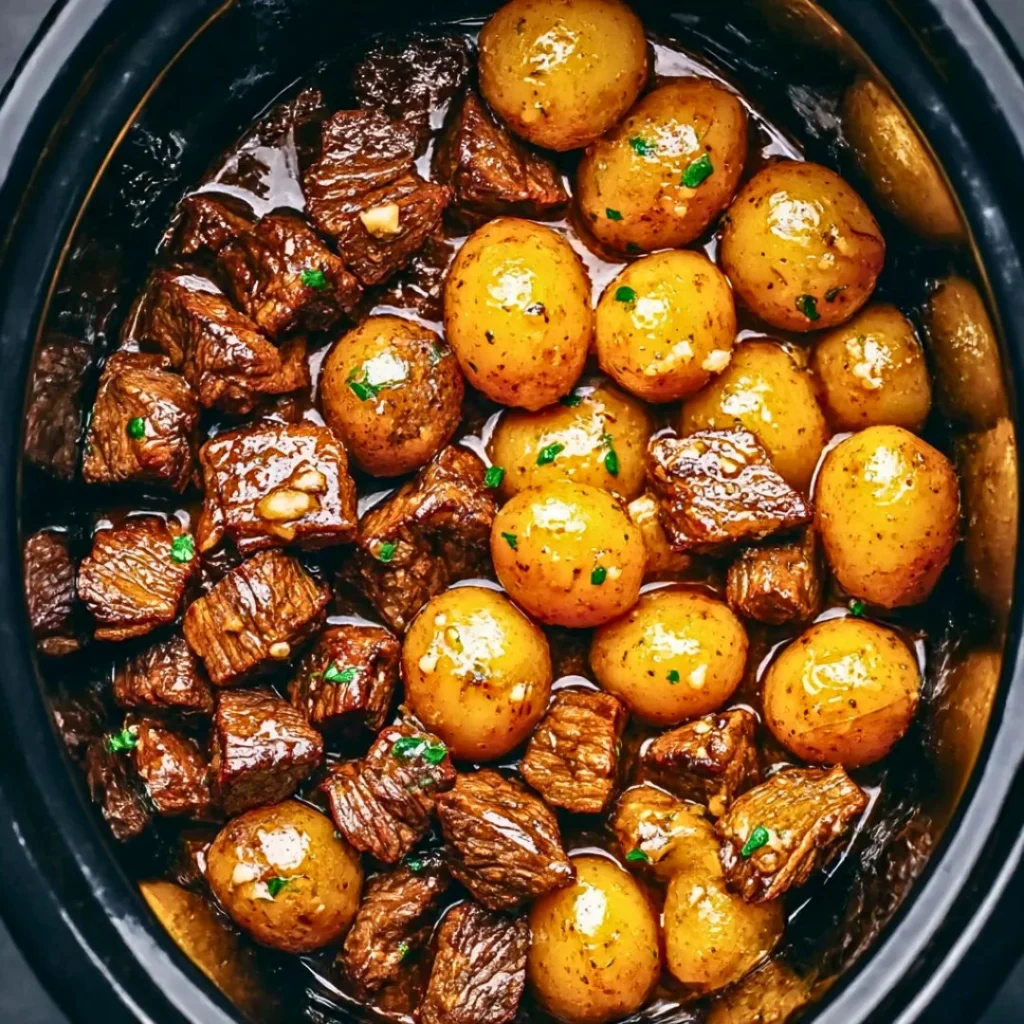 Garlic Butter Beef Bites with crispy potatoes on a plate