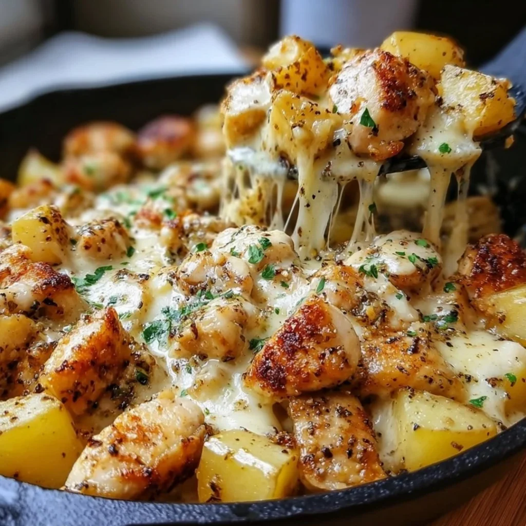 Garlic Parmesan Chicken and Potatoes Skillet dish served in a pan