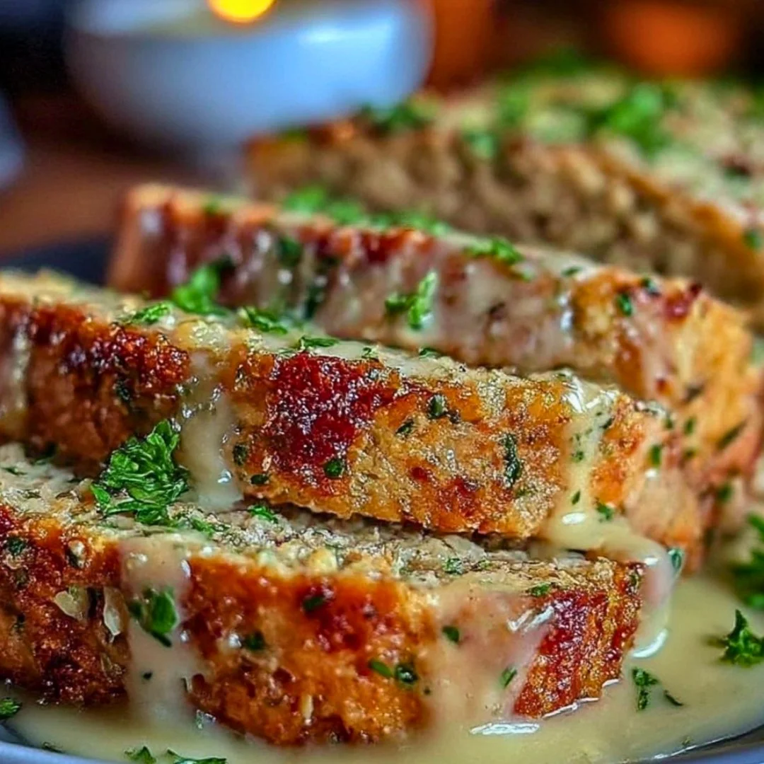 Garlic Parmesan Chicken Meatloaf baked and garnished with herbs.