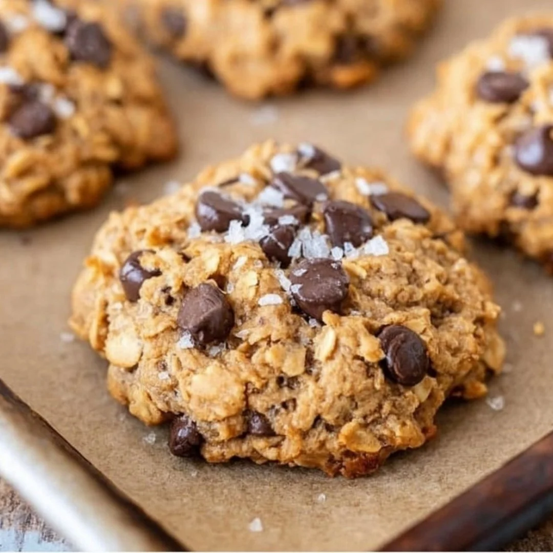 Giant healthy peanut butter oatmeal chocolate chip cookies on a plate
