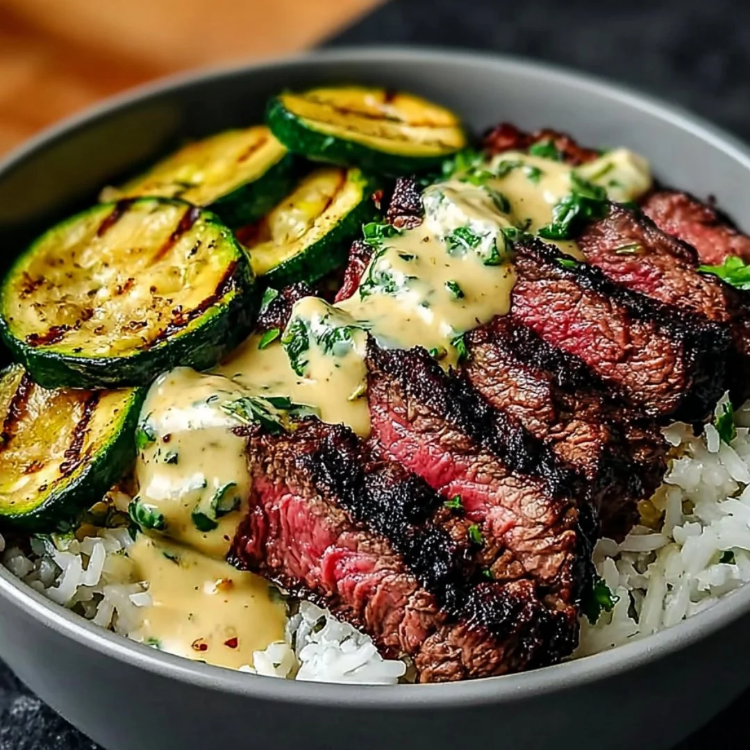 Grilled steak bowl with zucchini and sauce, showcasing a flavorful meal.