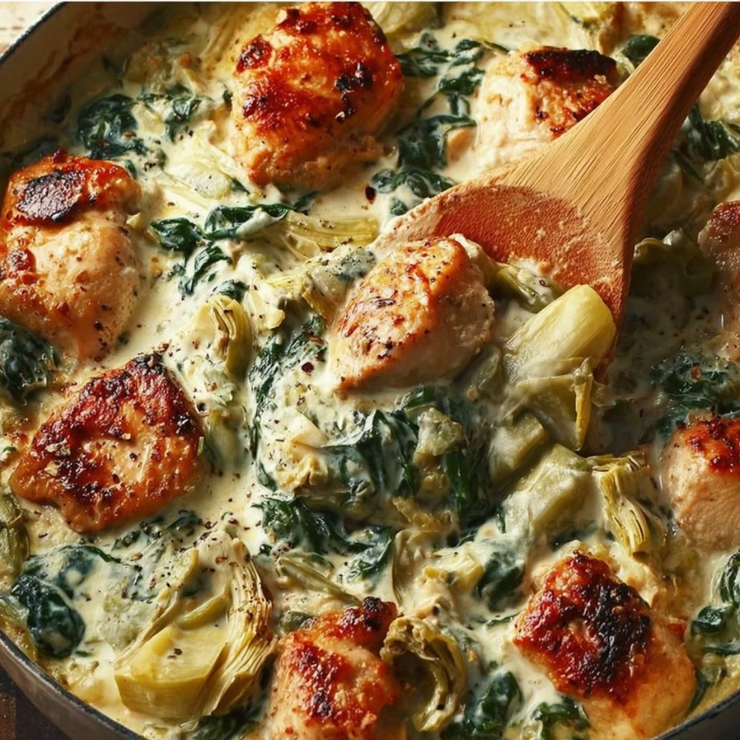 High-protein spinach artichoke chicken casserole served in a baking dish