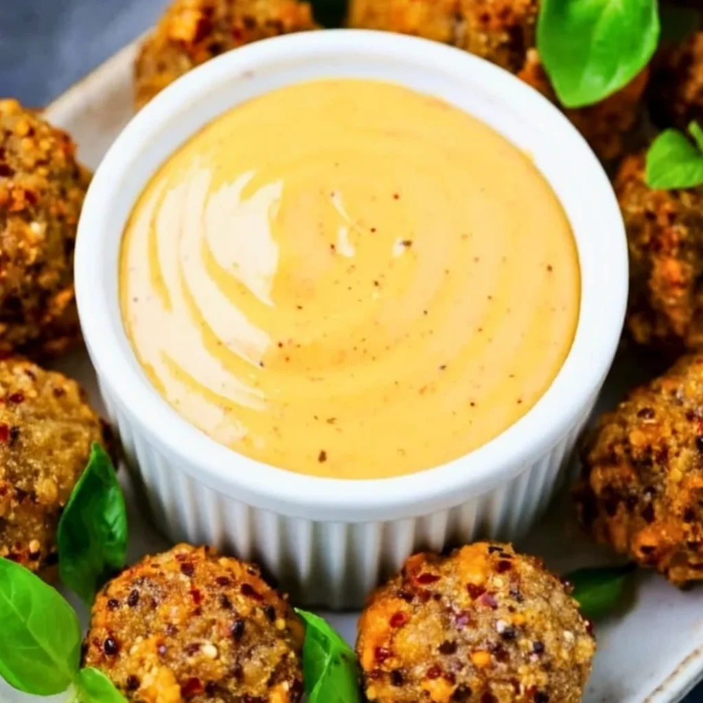 A jar of homemade honey mustard sauce on a wooden table.