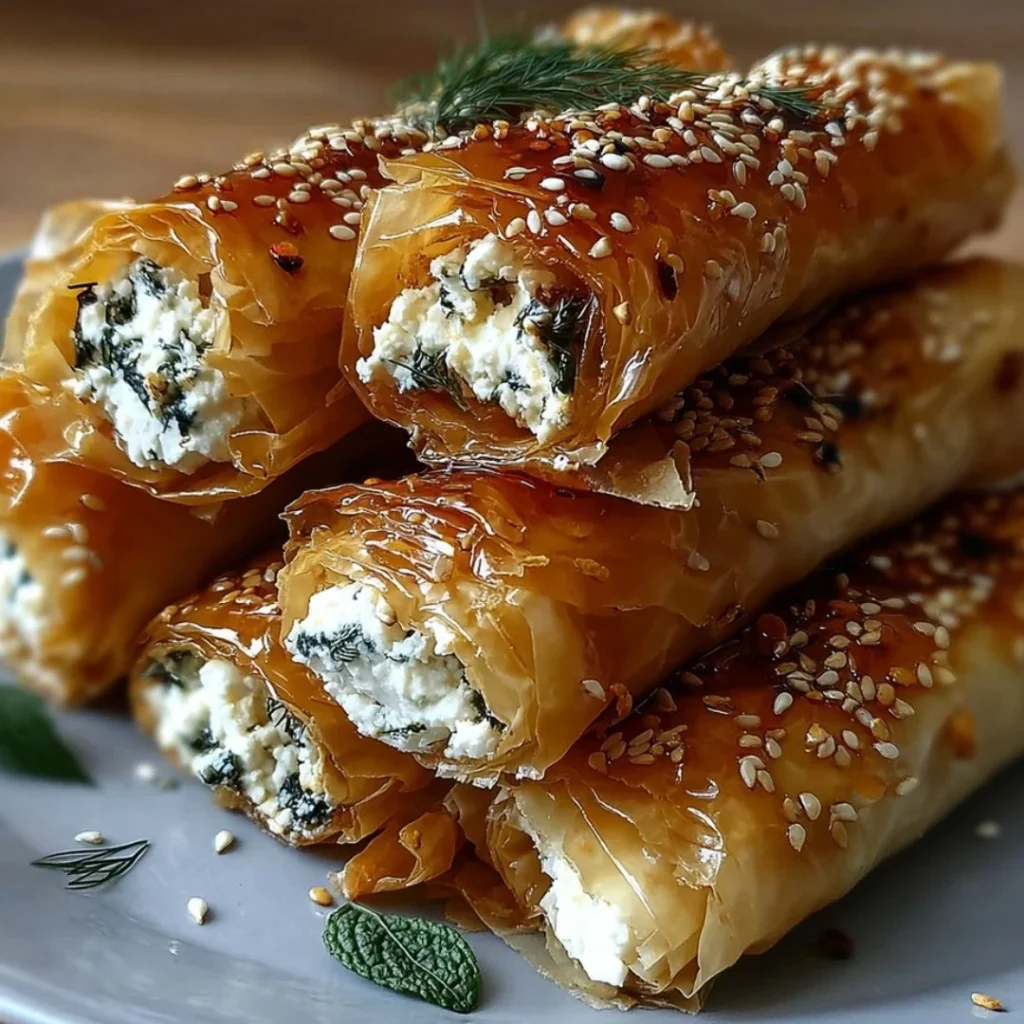 Oven fried feta rolls drizzled with chili honey sauce on a plate