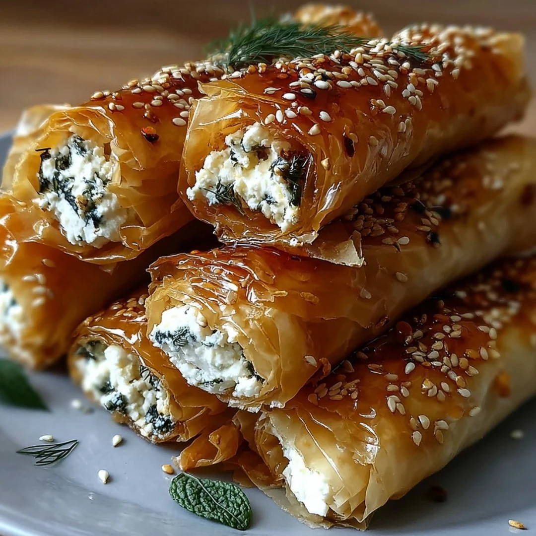 Oven fried feta rolls drizzled with chili honey sauce on a plate