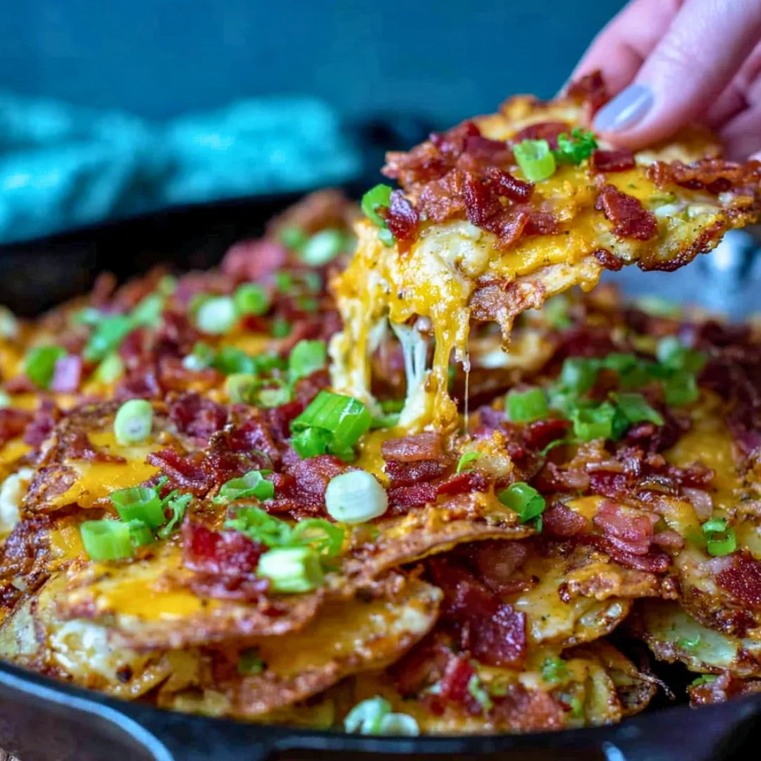 Delicious Irish Pub Potato Nachos topped with cheese and jalapeños