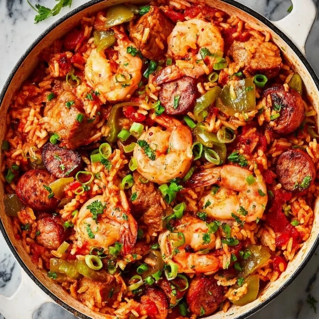 A bowl of colorful jambalaya featuring shrimp, sausage, and rice.