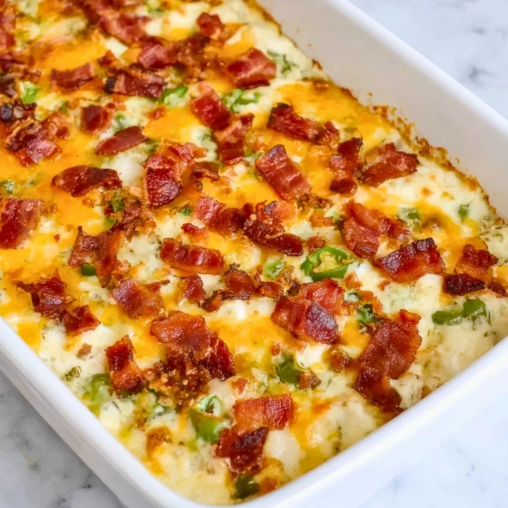 Delicious Keto Jalapeño Popper Casserole served in a baking dish