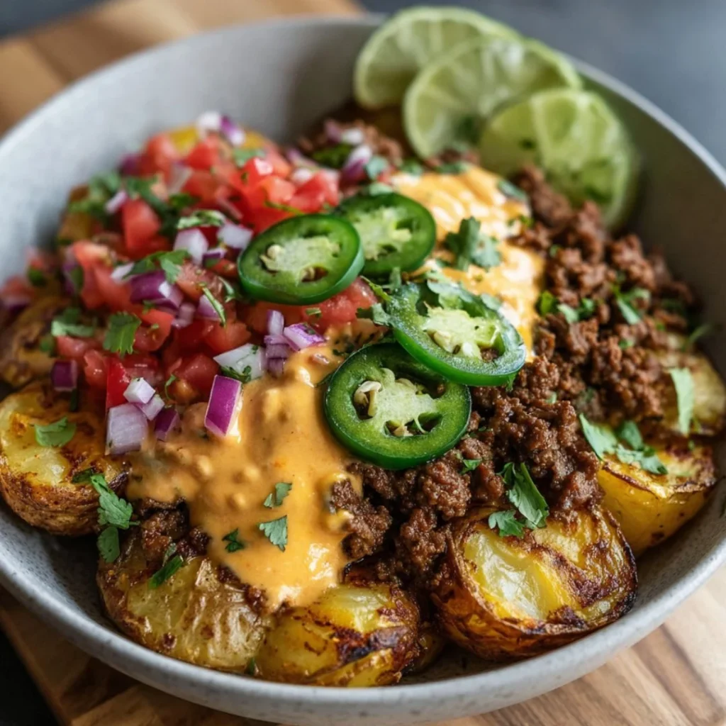 Loaded Fiesta Potato Bowls topped with cheese and crispy toppings