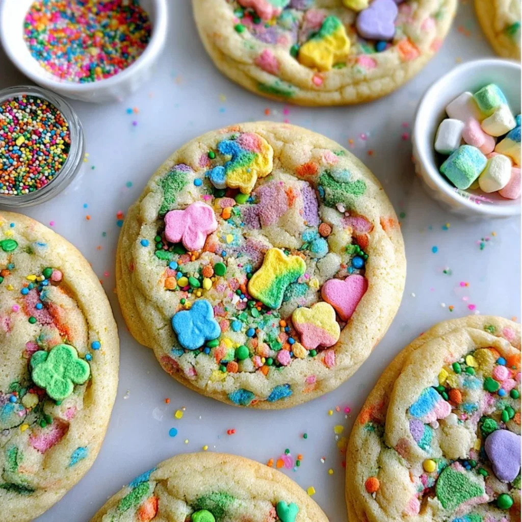 Delicious Lucky Charms sugar cookies topped with colorful marshmallows