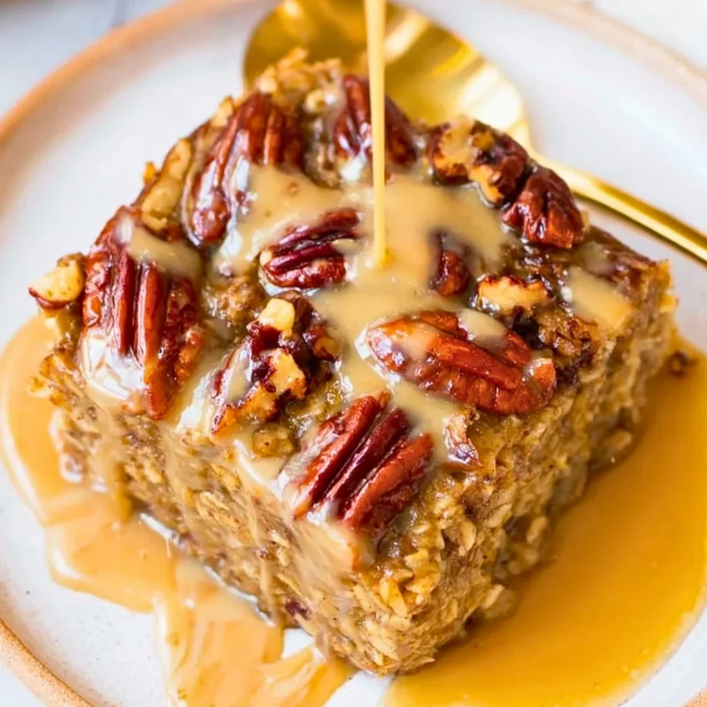 Delicious Maple Pecan Baked Oatmeal topped with pecans and drizzled with maple syrup.