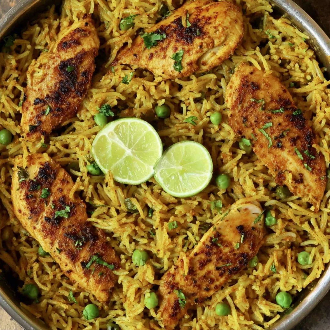 Delicious Mediterranean Chicken and Rice served on a plate with herbs and spices