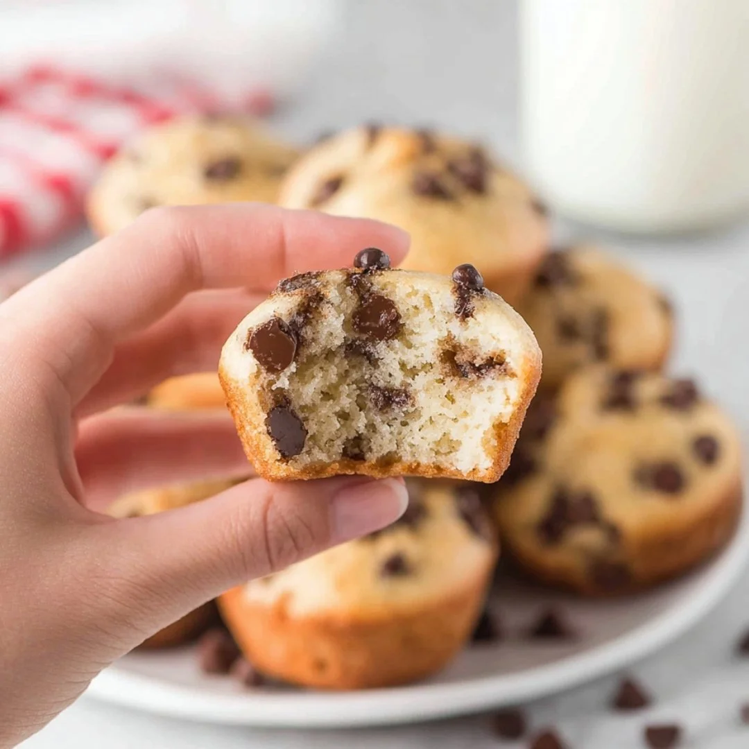 Freshly baked mini chocolate chip muffins on a cooling rack