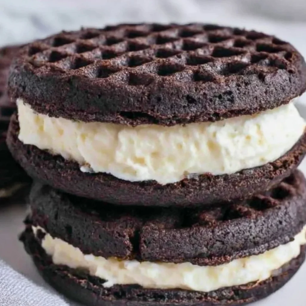 Plate of homemade Oreo Chaffles topped with whipped cream and crushed Oreos