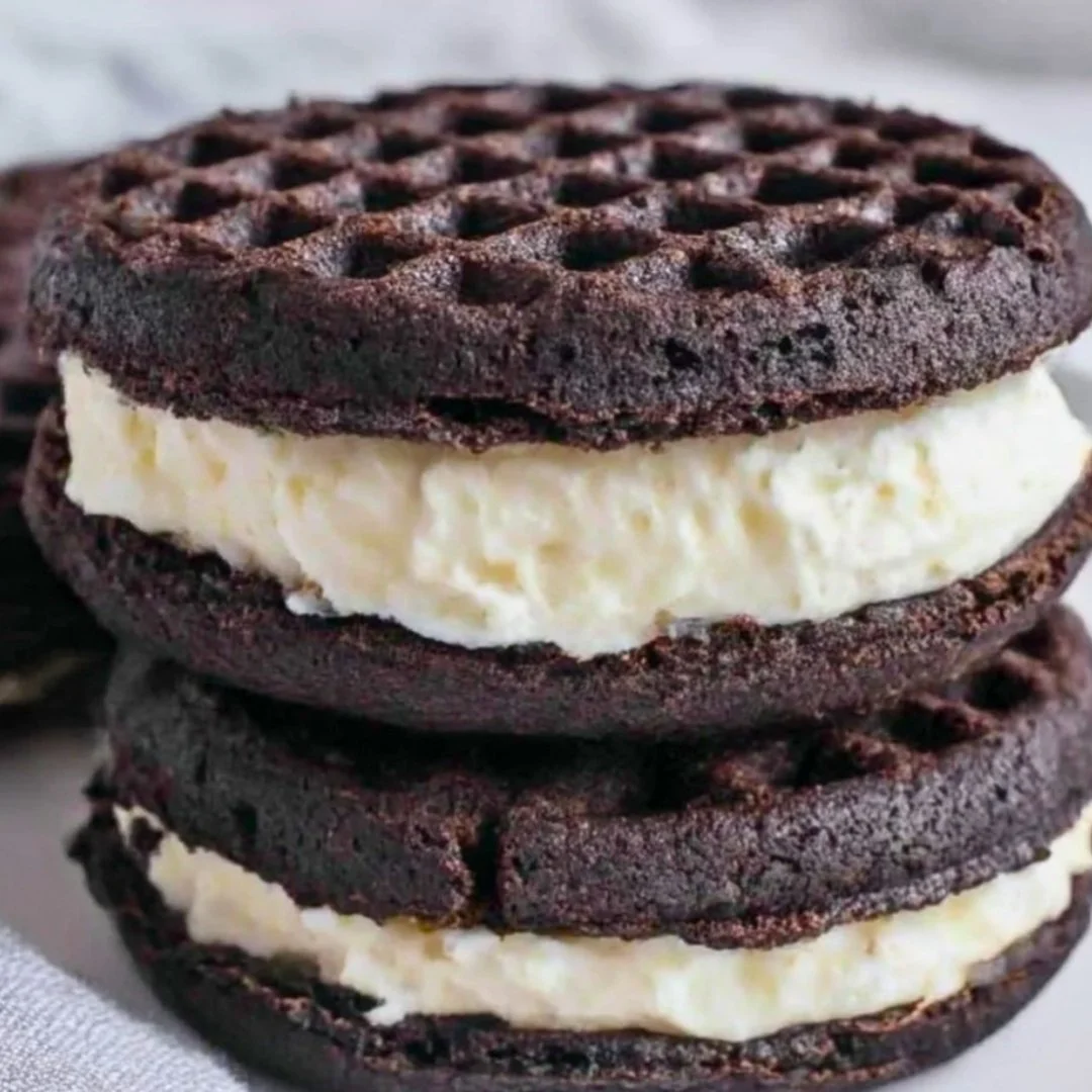 Plate of homemade Oreo Chaffles topped with whipped cream and crushed Oreos