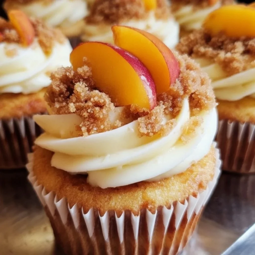 Delicious Peach Cobbler Cupcakes topped with fresh peaches and crumbly topping.