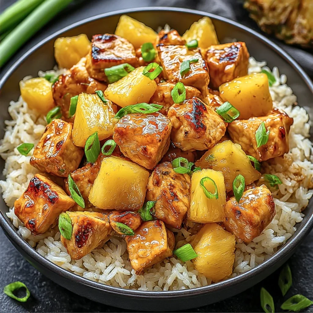 Plate of Pineapple Chicken with Rice garnished with fresh pineapple and herbs.