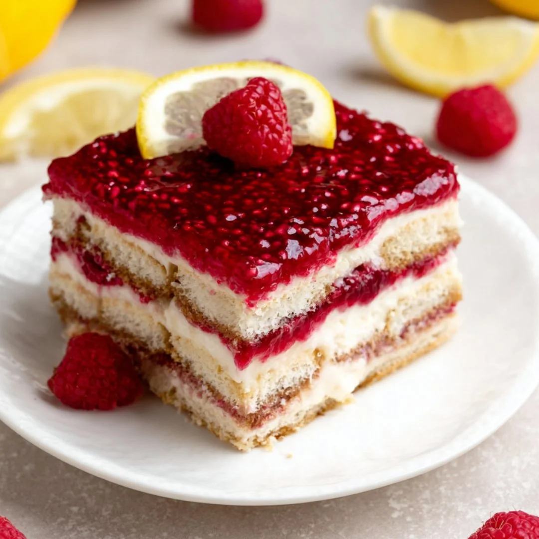 Delicious raspberry tiramisu dessert served on a plate with fresh raspberries