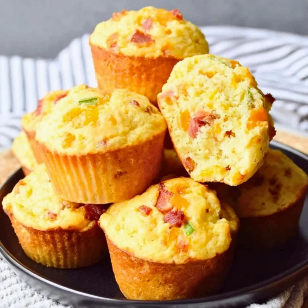 Savoury ham and cheese muffins fresh out of the oven, golden and fluffy.