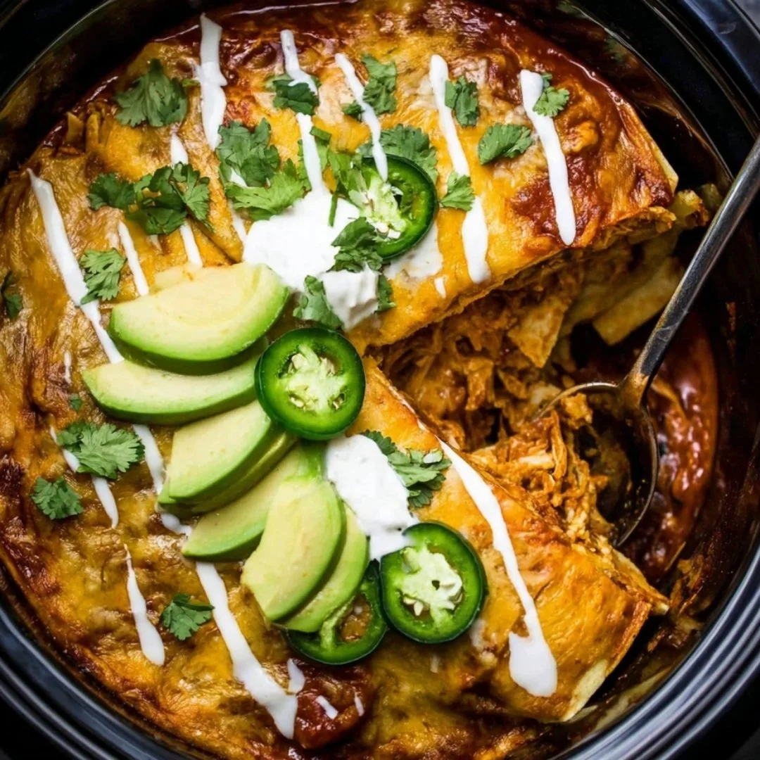 Delicious slow cooker chicken enchiladas ready to serve.