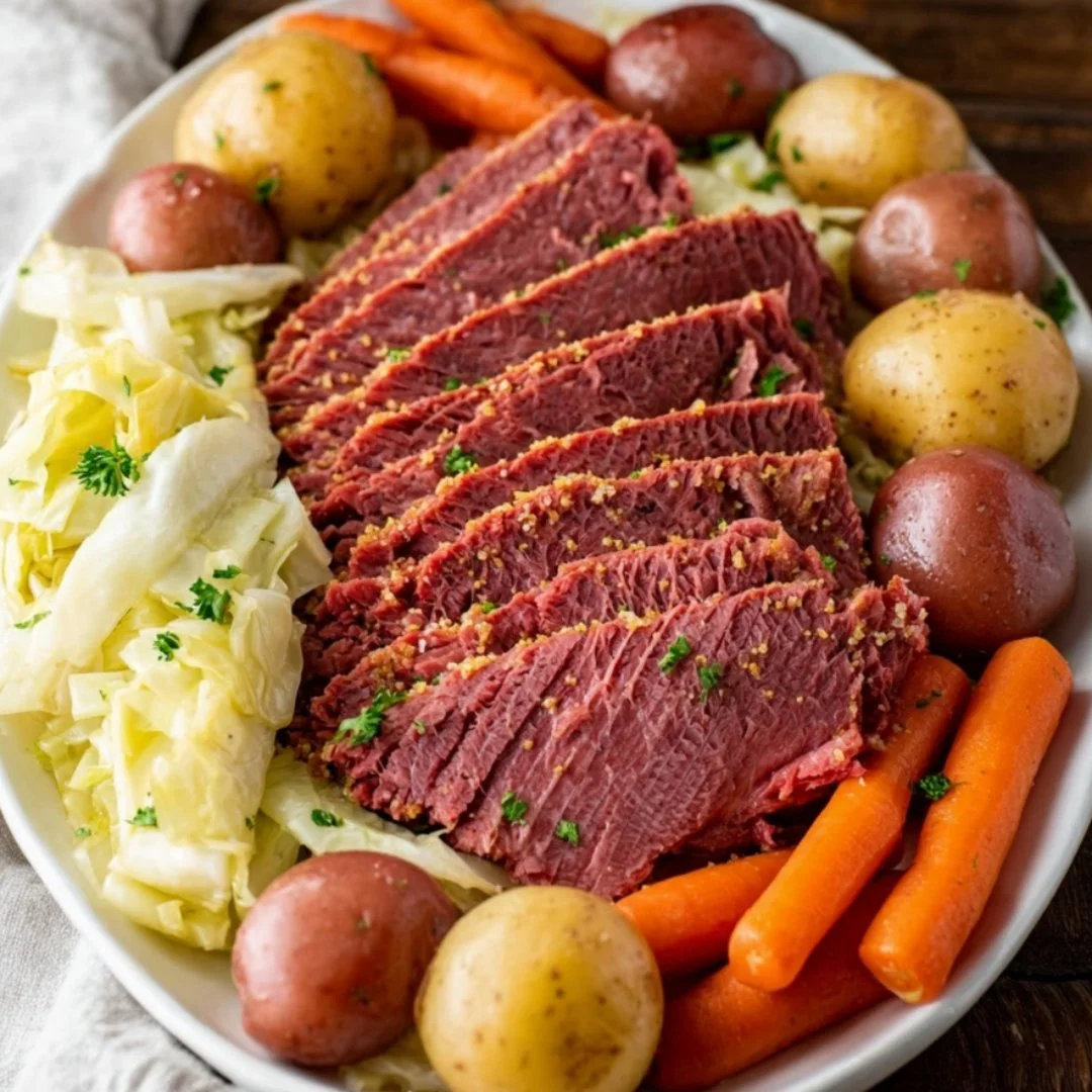 Slow cooker corned beef and cabbage dish with vegetables