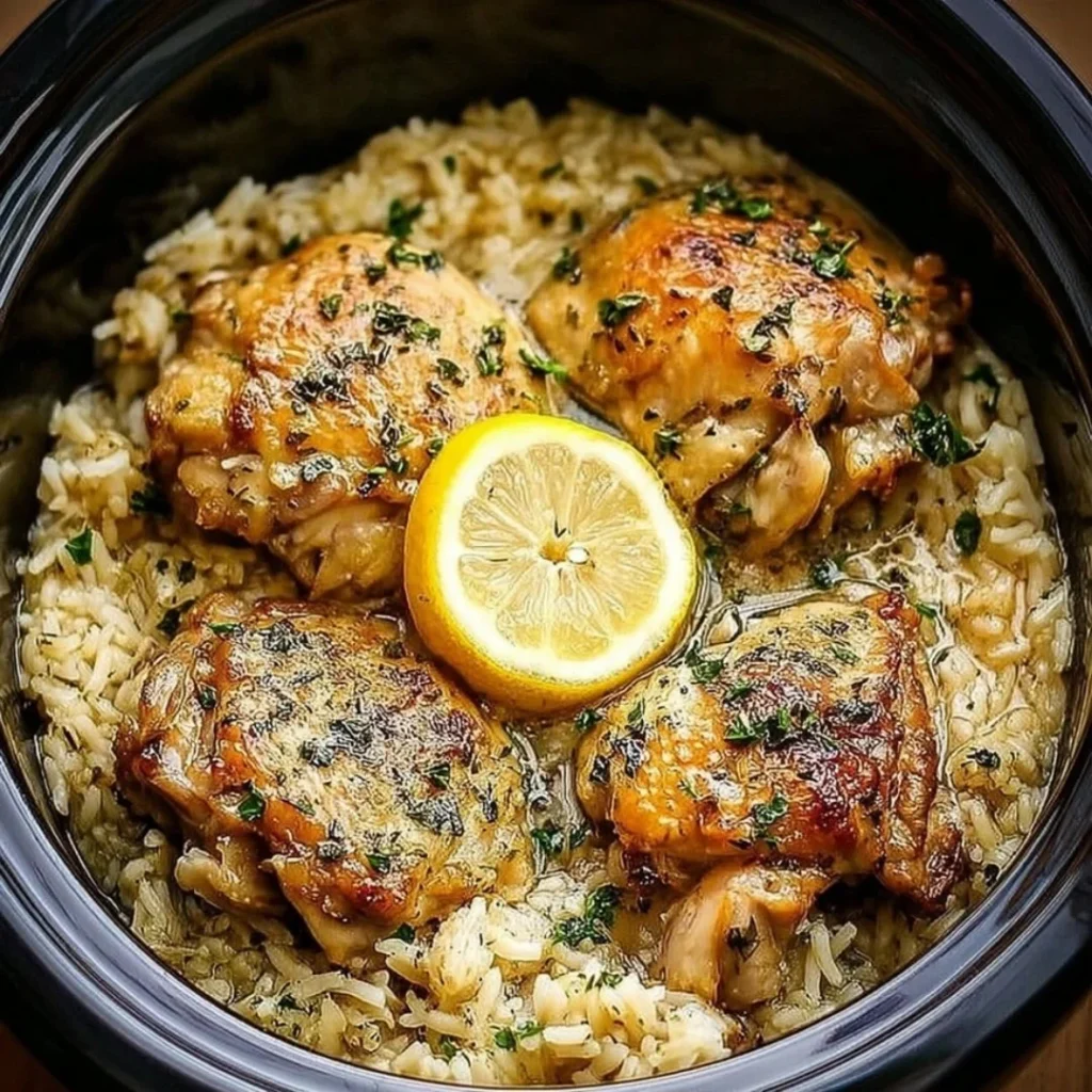 Slow Cooker Lemon Herb Chicken served with rice, garnished with fresh herbs