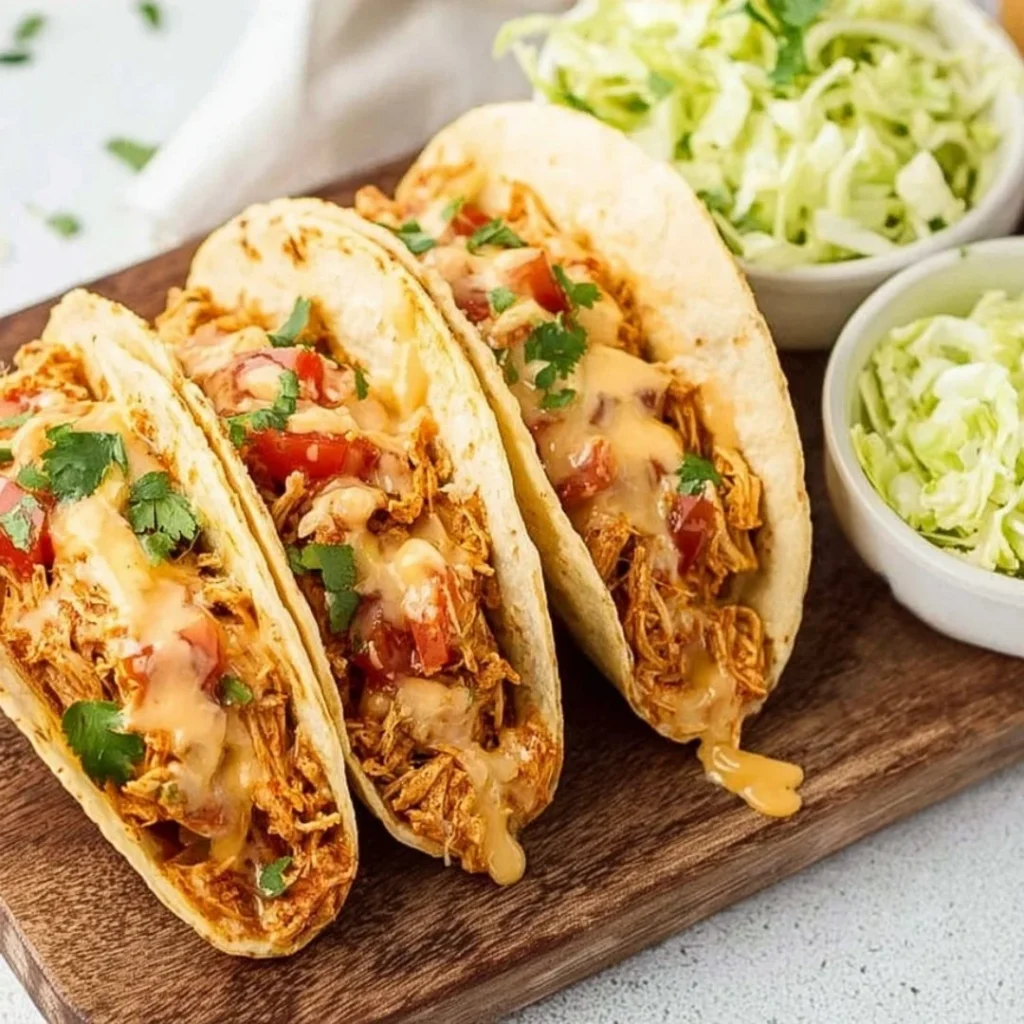 Slow Cooker Queso Chicken Tacos with cheese and spices in a tortilla