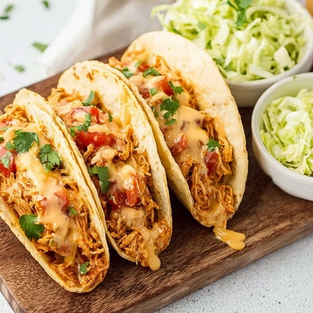 Slow Cooker Queso Chicken Tacos with cheese and spices in a tortilla