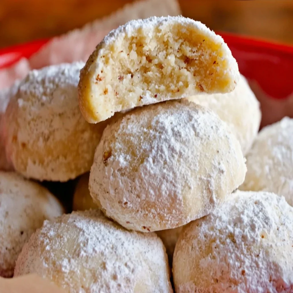 Delicious homemade Snowball Cookies dusted with powdered sugar on a plate.