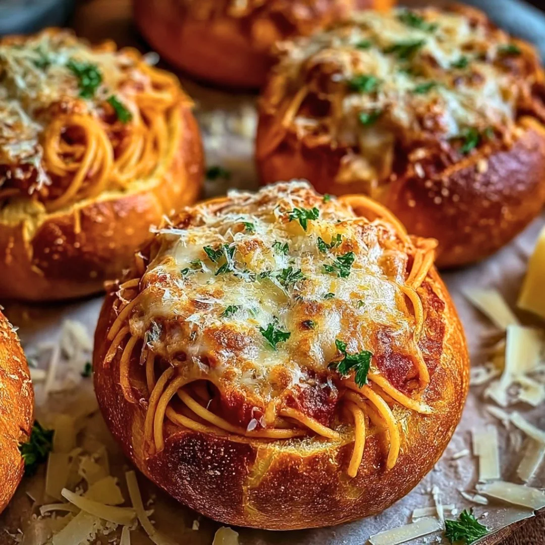 Spaghetti Garlic Bread Bowls topped with herbs and cheese ready to be served.