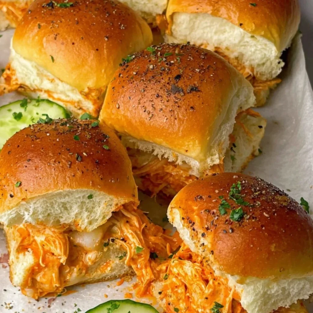 Delicious spicy Buffalo Chicken Sliders served on a platter