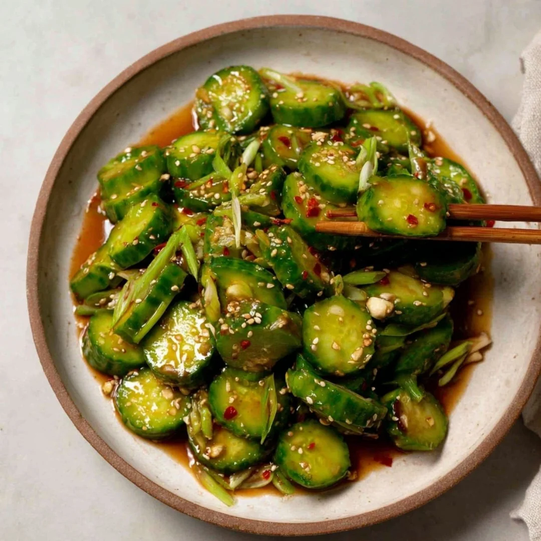 Spicy cucumber salad with vibrant vegetables in a bowl